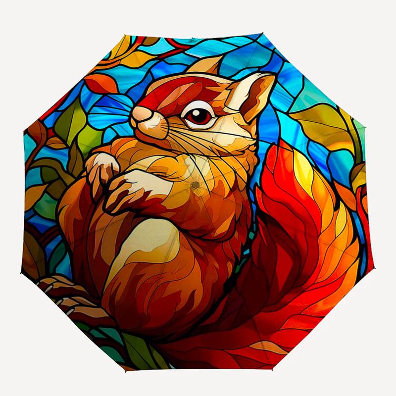 1 Stück Buntglas Eichhörnchen Design Automatisches Aufklapp-Regenschirm mit 8-Speichen-Eisenrahmen, Geeignet für Fans, Reisen, Tägliche Nutzung und Geschenke - Outdoor