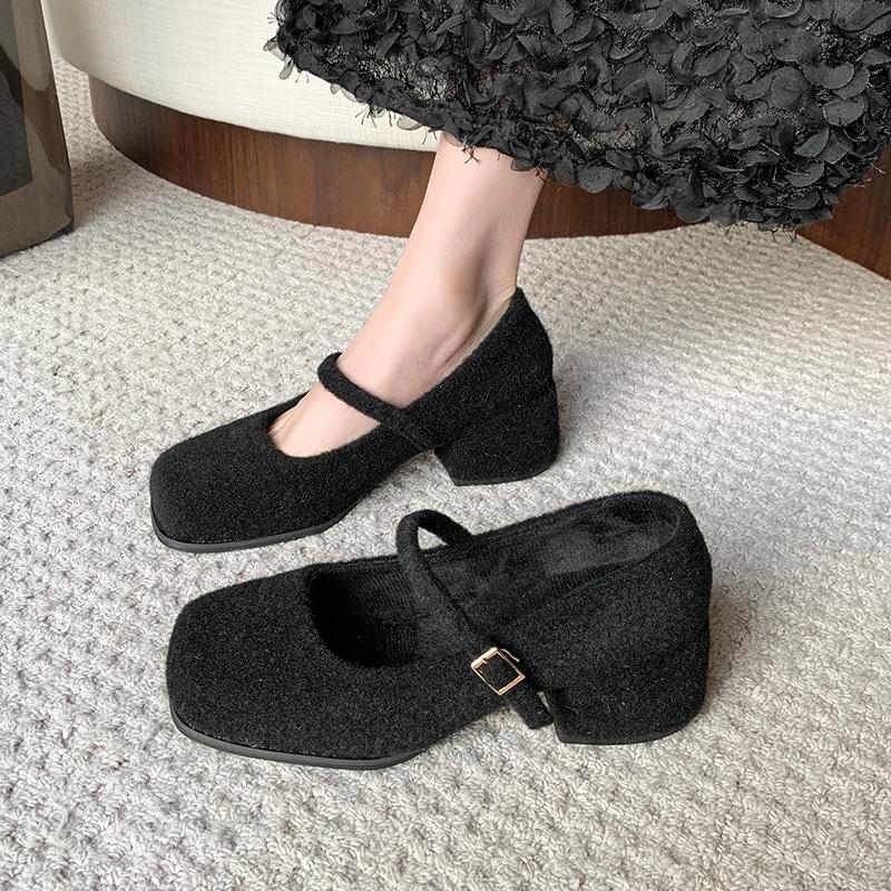 Women's thick heels, high heels, gray Mary Jane single shoes, new square head, fluffy woolen commute