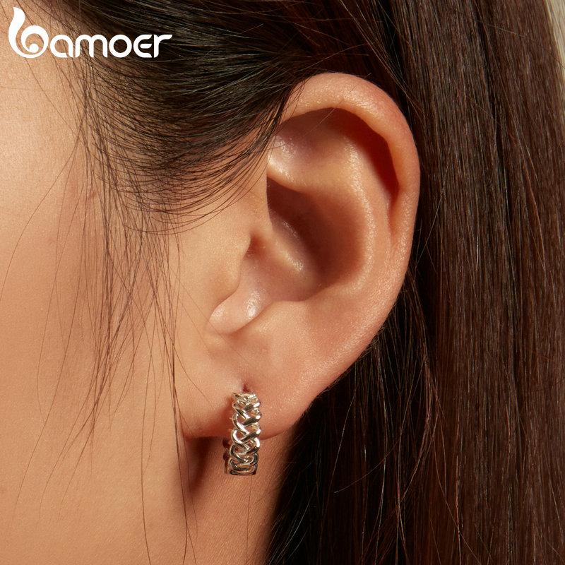 Bamoer 925 Silver Hollowed-out Pattern Ear Buckles InterWeave Twisted Hoop Earrings for Women Fashion Fine Jewelry