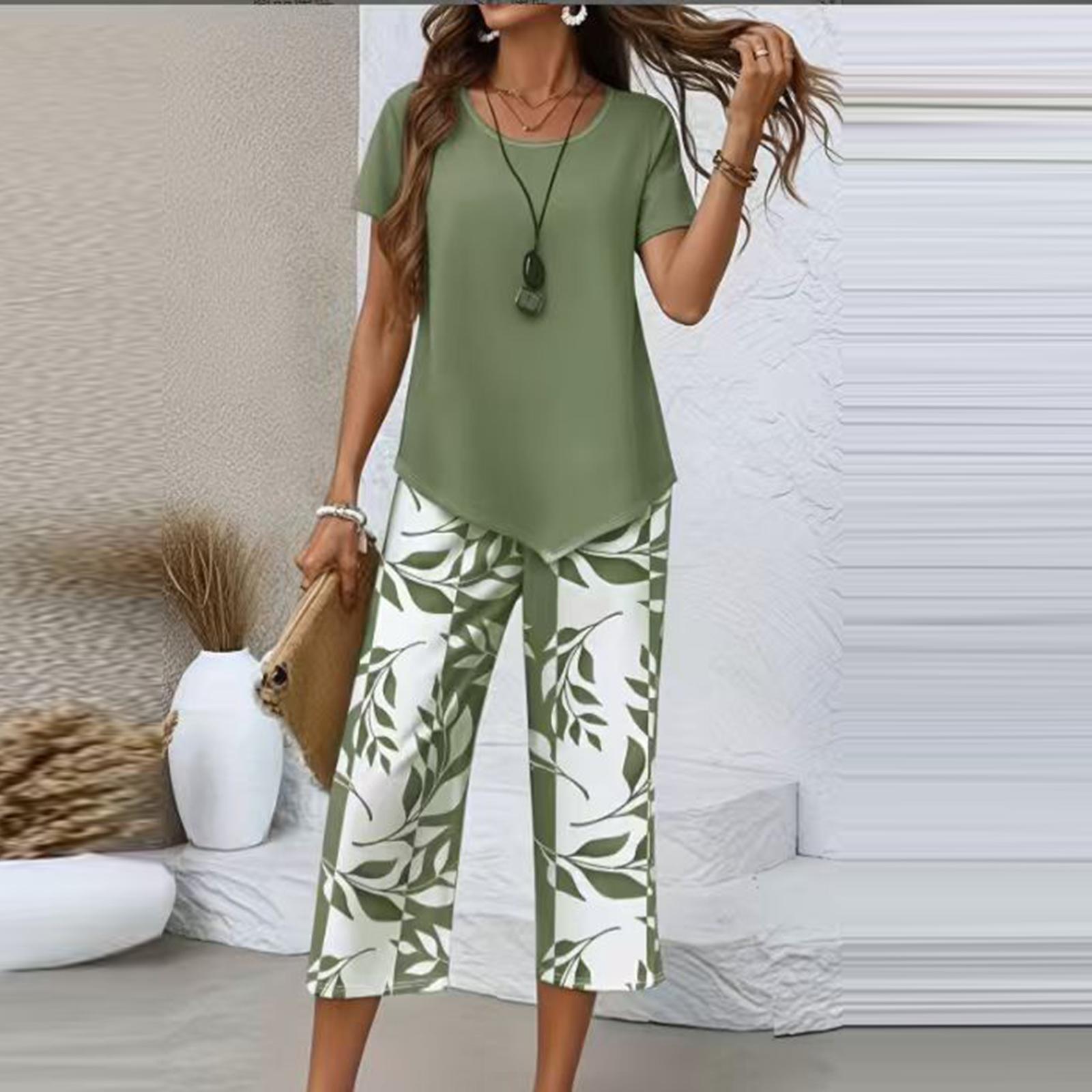 Women s Fashion Casual Short Sleeve Wide Leg Pants Printed Set Two Piece Set L