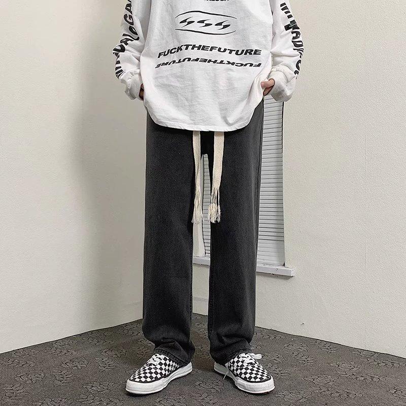 JYL Мужские Джинсы Корейские На Шнурке В Пол Свободные Прямые Повседневные Джинсовые Брюки XXL