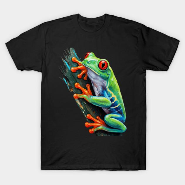 Asian Size Men Black Print T-shirt Red-Eyed Tree Frog Art No-Cut Print Cotton Tshirt
