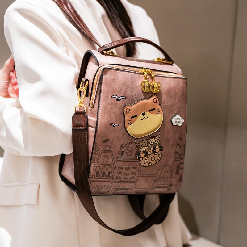 2026 New Premium Sense PU Women's Backpacks Versatile Casual Simple Large Capacity Lady Single Shoulder Bag Cute Cartoon Bear Outdoor Travel Rucksacks