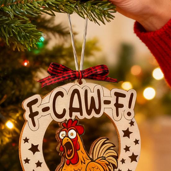 Funny F-Caw-F Chicken Christmas Ornament Wooden Rooster Christma Tree Decoration White