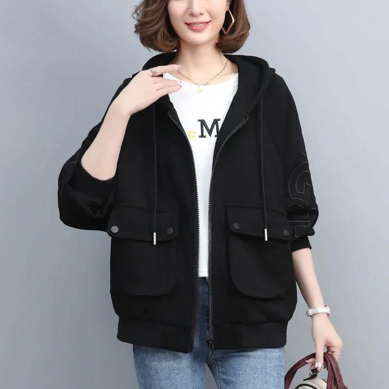 Hooded Coat for Women Cotton Loose Versatile Solid Color Casual Zipper Cardigan Tops