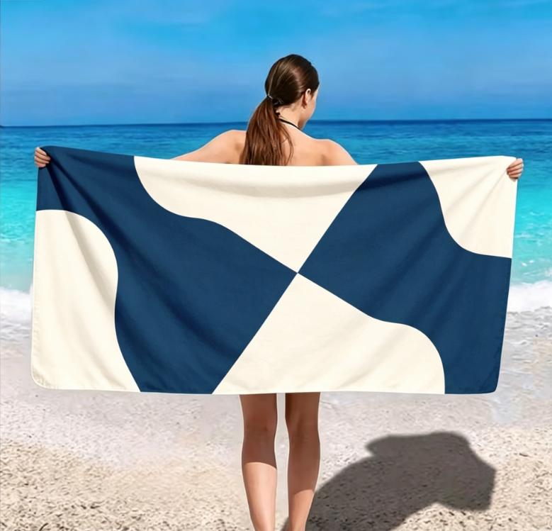Large Microfiber Beach Towel, Navy & White Geometric Diagonal Stripe Print,Sand Free & Quick Dry,for Minimalist Summer Beach Use