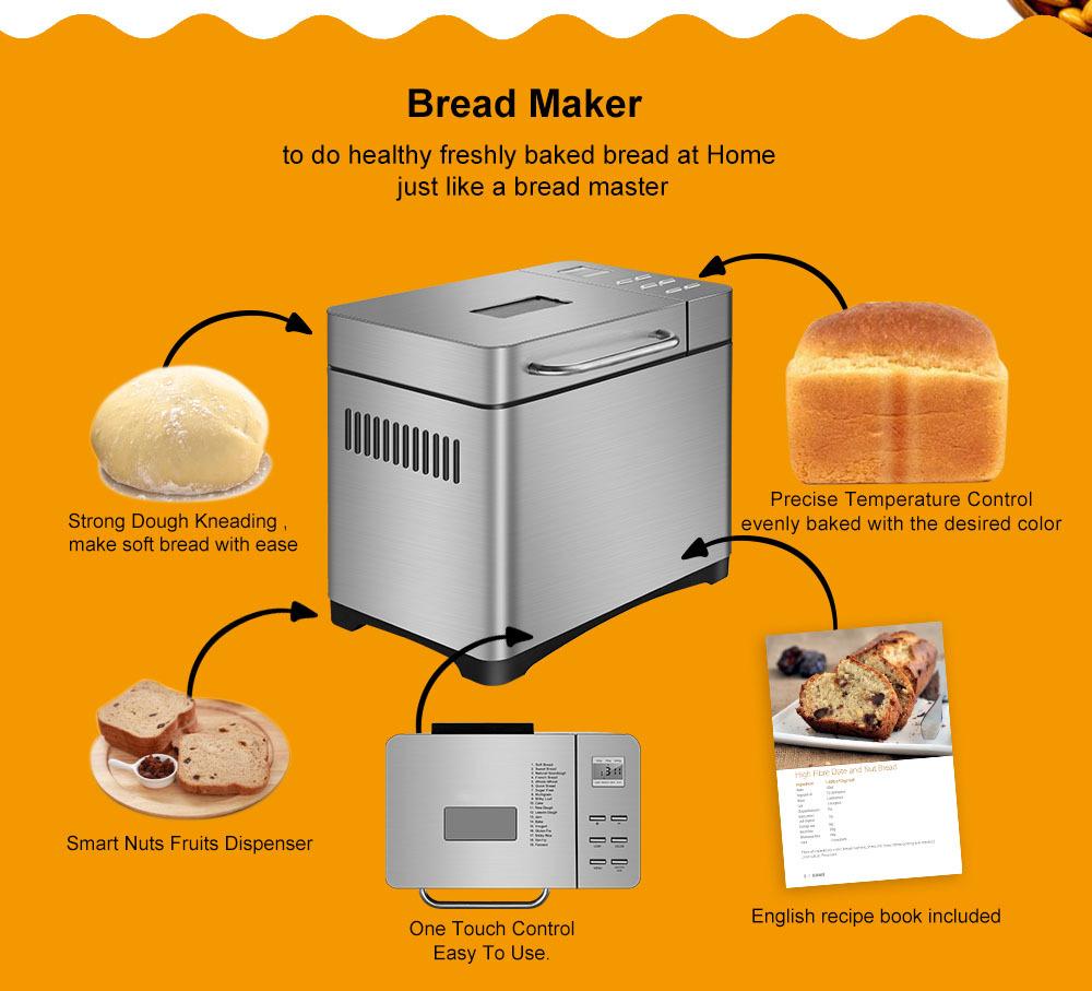Gluten-free bread machine, 17-in-1 bread maker, 2-pound American-style Italian whole wheat bread, knead dough, proof, bake, 2.8-inch