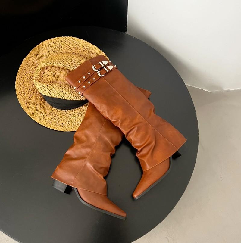 Sweet Cool Tall Knight Boots Women's Pointed Pants Pants Spice Girls Boots Rivet Belt Buckle Leather Thick Heel Boots But Knee