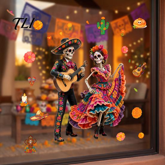 Mexican Fiesta Party Decorations Day of The Dead Window Clings, Halloween Double-Sided Skull Sticker, Ethnic Pattern Wall Art Colorful Flower Skeleton