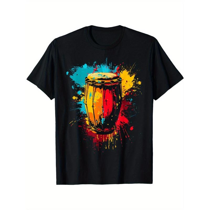 

European sizes Men s Black T-Shirt Featuring Colorful Painted Congas Instrument – Perfect for Music Lovers and Drummers 4XL чорний