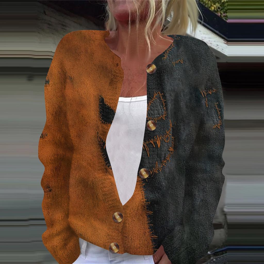 Women's Fashion Printed Long Sleeve Knitted Cardigan Button Down Jacket