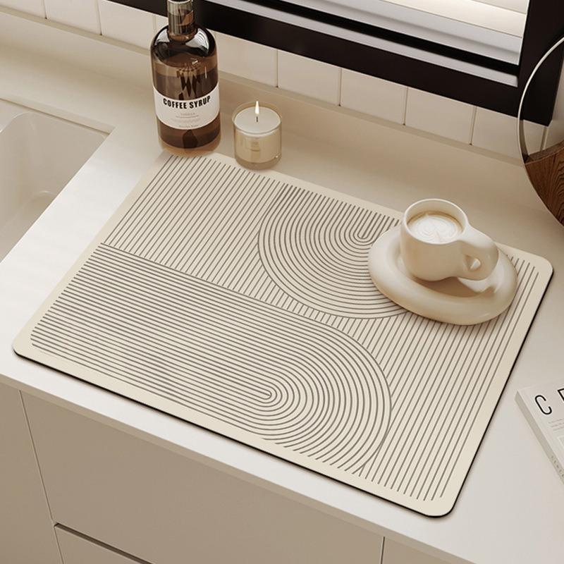 Minimalistisch Geometrisch Patroon Beige Keuken Spoelbak Mat Antislip Absorberend Afwas Droogmat Neutrale Kleuren Makkelijk Schoon Waterdicht