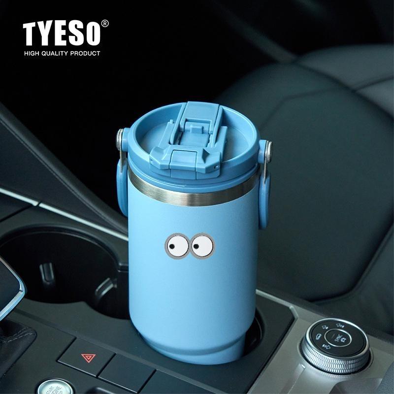 Tyeso 750ml Vacuum Cup Handle Dual-Drink Coffee Mug 304 Stainless Steel Ice Cup Car Bottle Hot Cold Retention Thermoses with Eye Sticker