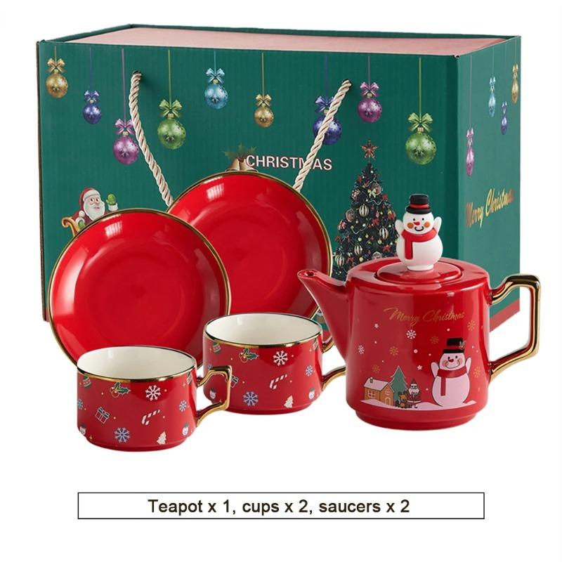Red Ceramics Teaware Sets Santa Claus Snowman Elk Teapot Teacup Christmas Coffee Cup Saucers Stackable Xmas New Year Gifts