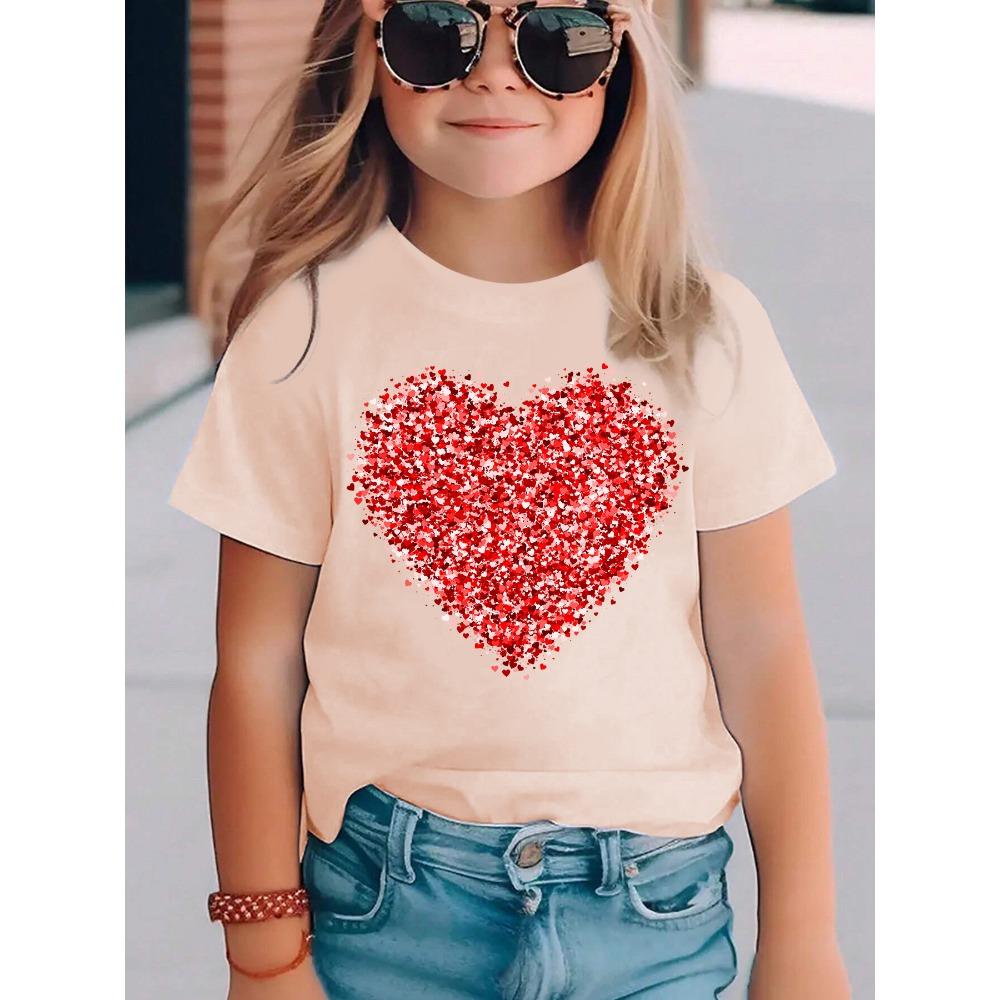 Summer Fashion Girls Short-sleeved T-shirt Red Love Element Printed Casual Versatile Top