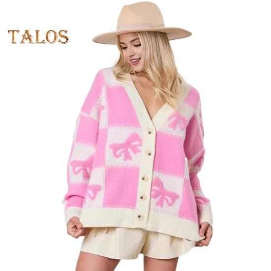 

Женский свитер осень-зима с V-образным вырезом и длинным рукавом, однобортный вязаный свитер с принтом в клетку и бантом, пальто-свитер S горячий розовый