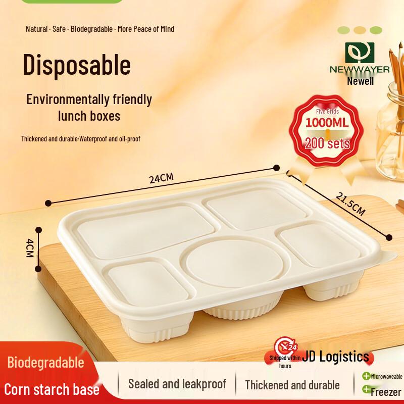 1000ml Biodegradable 5-Compartment Lunch Boxes with Lids, 200-Pack