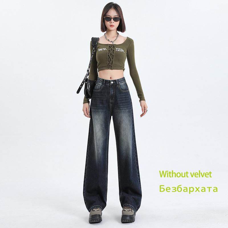 

Женские винтажные джинсы с высокой талией, модные, утепленные, женские брюки Y2k с широкими штанинами, дизайнерские джинсы панк-стиля, черные, свободные XS