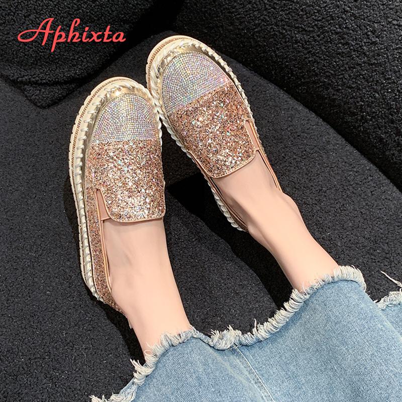 Aphixta 3cm Platform Crystals Round Toe Leather Flats Shoes Women Silver Bling Loafers Shoes Woman Flat With Students Size 43