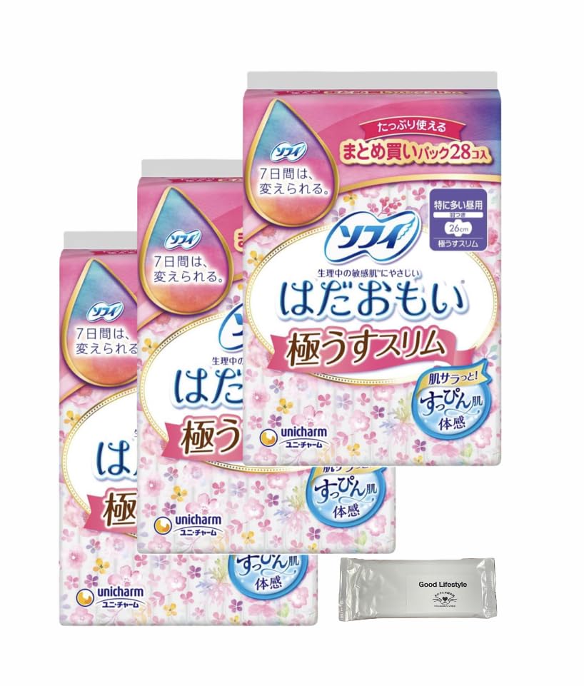 

Sofy Hadaomoi Ультратонкие дневные прокладки для обильных выделений с 28 прокладками x 3 упаковки Прокладки Unicharm Гигиенические прокладки 1 Оригинальные крылышки для покупок, 26 см, (84 Всего)