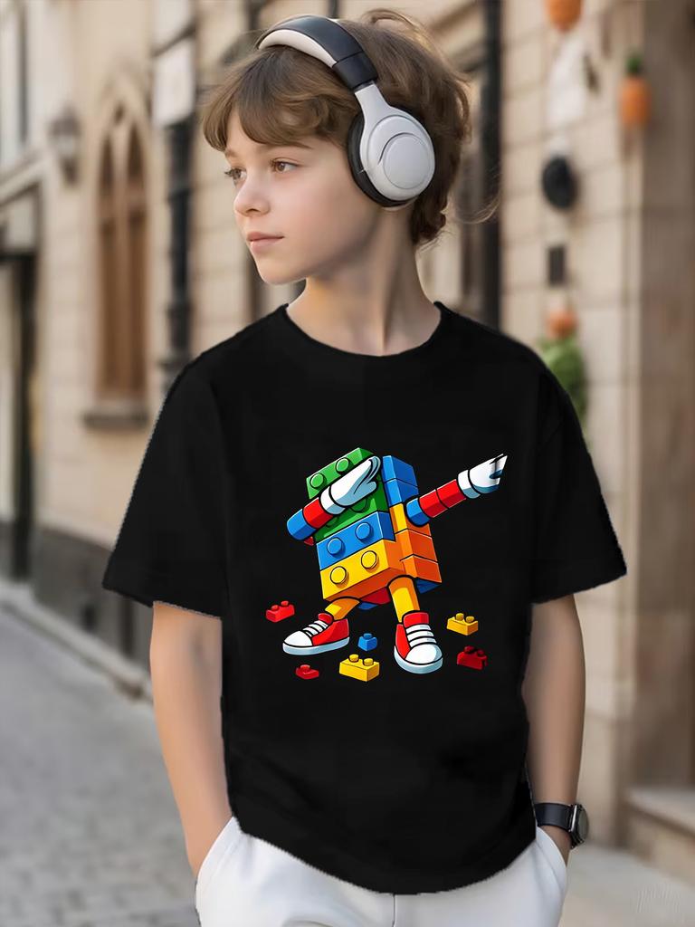 Summer Childrens Dab Dance Colorful Building Block Robot Printed ShortSleeved TShirt Boys and Girls Comfortable Casual Top