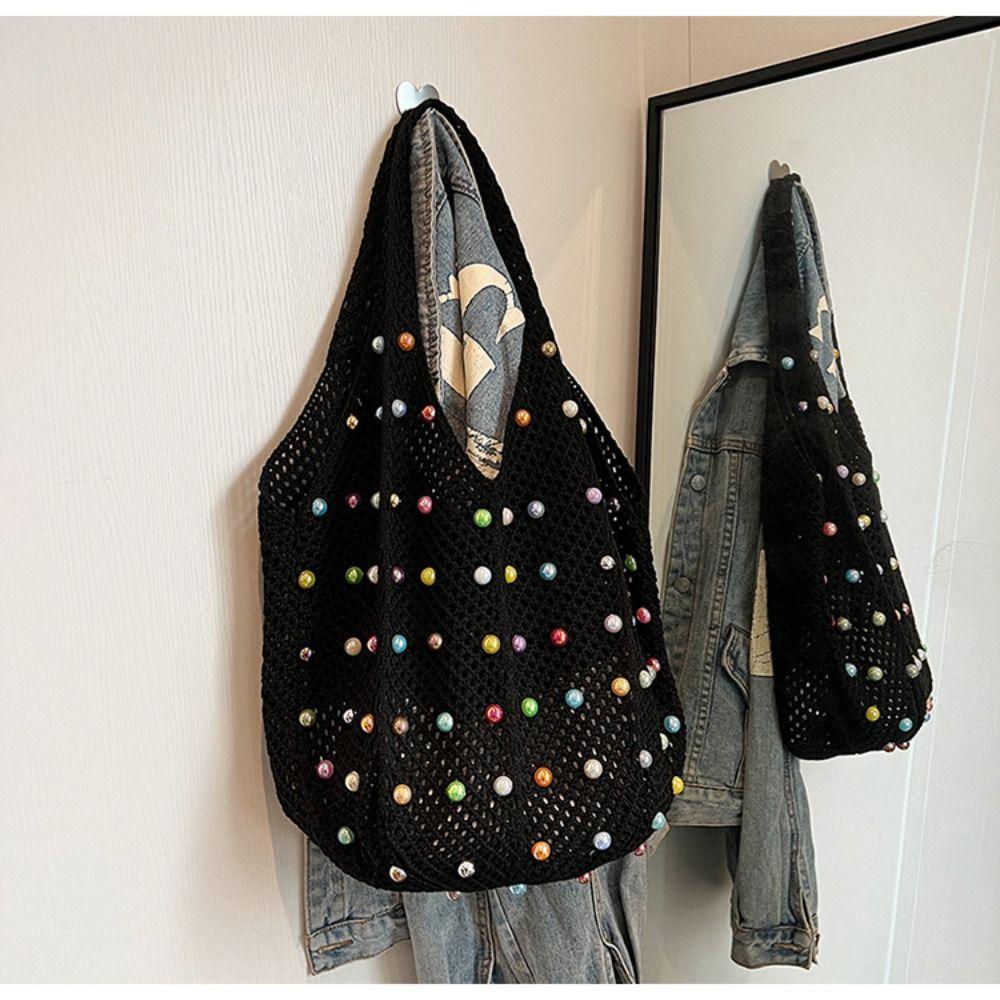 Casual Boho Crochet Beach Tote Bag Hollow with Colored Beads Knitted Bag Handmade Large Capacity Tote Bag