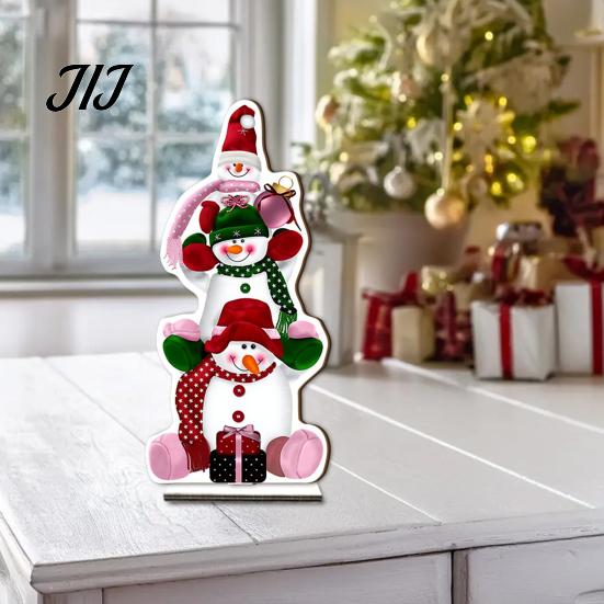 Double Sided Printed Decorations 2D Wooden Christmas Tabletop Ornaments, Xmas Tree Santa Lightweight Trees Snowman Sign with Stand, Holiday