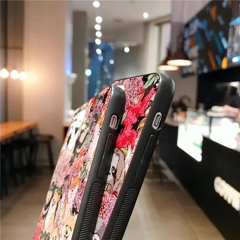 Cute Cartoon Silicone Case For iPhone 16 15 14 13 12 11 Pro Max Plus Flower Shiba Inu Dog Sloth Leopard Glitter Shockproof Cover