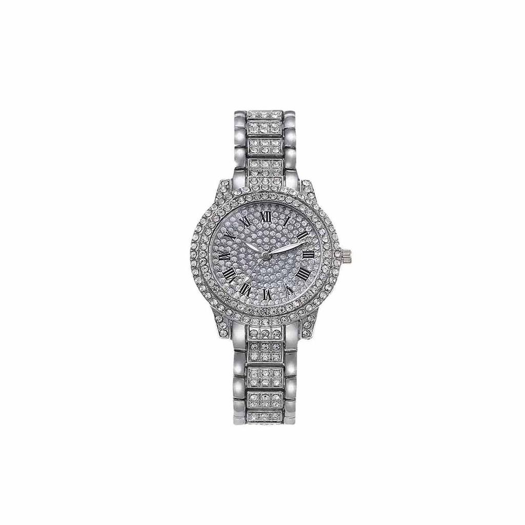 1pc-Ladies' Diamond Inlaid Quartz Watch, Rose Gold Roman Numeral Full Diamond, Niche Style