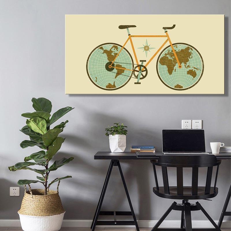 Abstract World Map On Bicycle Wheels Canvas Painting Posters and Prints Wall Art Pictures for Cuadros Living Room Decor No Frame