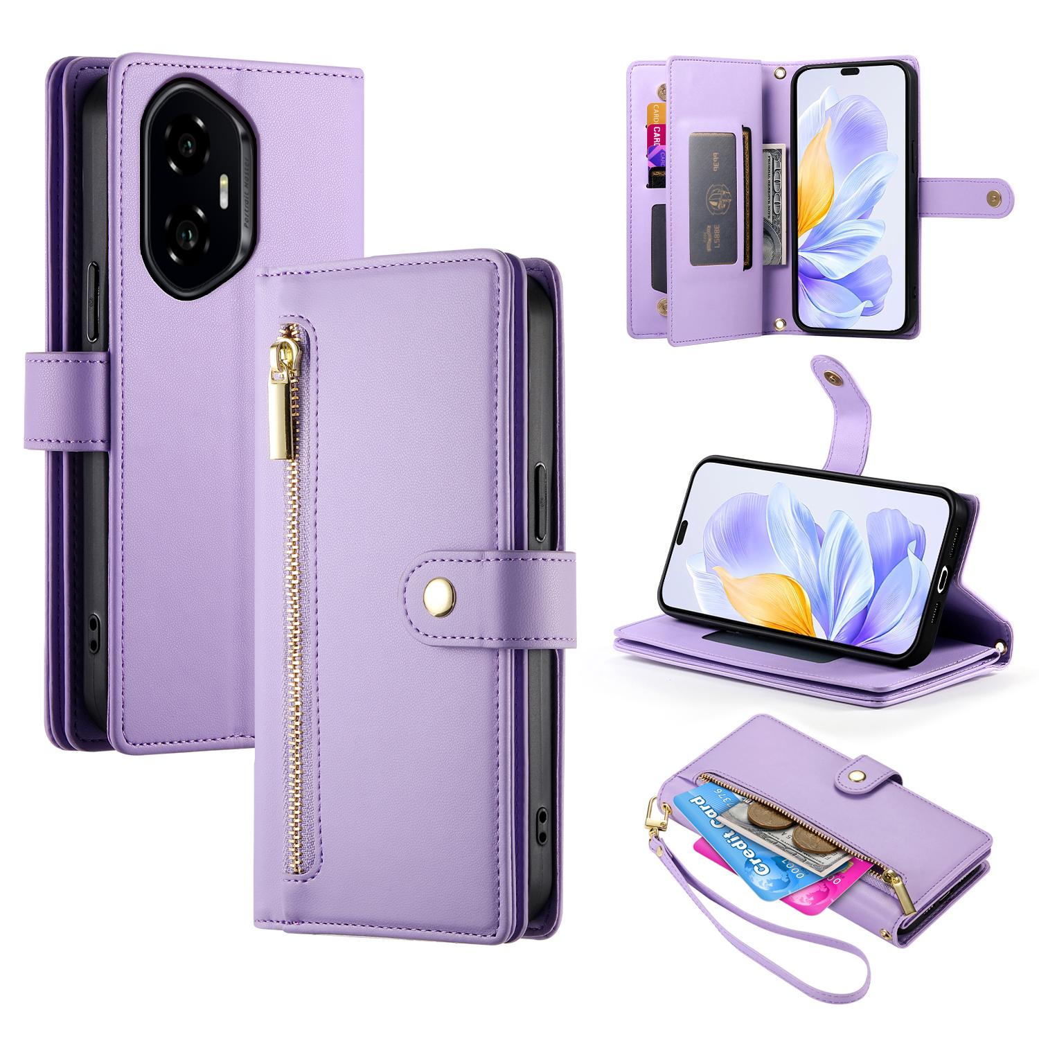 

DF-011 For Honor 300 Pro/300 Ultra Case Zipper Pocket Wallet Leather Phone Cover with Straps Purple