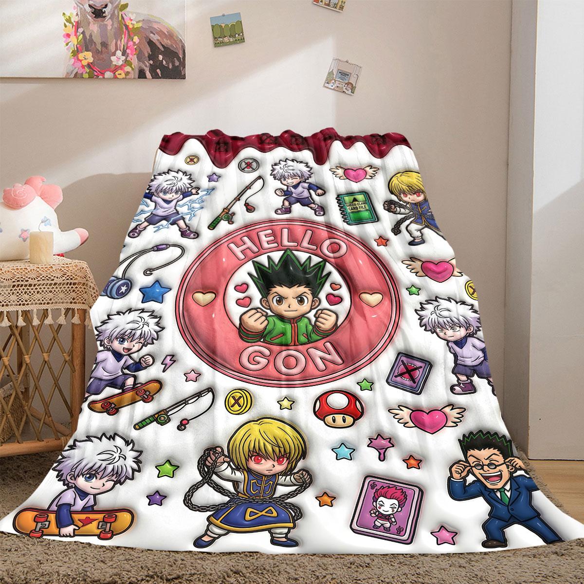 Hunter×Hunter Global 2D Print Flannel Blanket, Anime Character Print for Sofa, Cozy Travel Picnic Throw Rug_LIAN 75x90cm