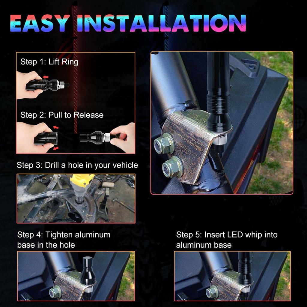 1FT LED Whip Lights Lighted Antenna Whips For ATV UTV Polaris RZR Off Road Truck Sand Buggy Dune Flagpole Lamp