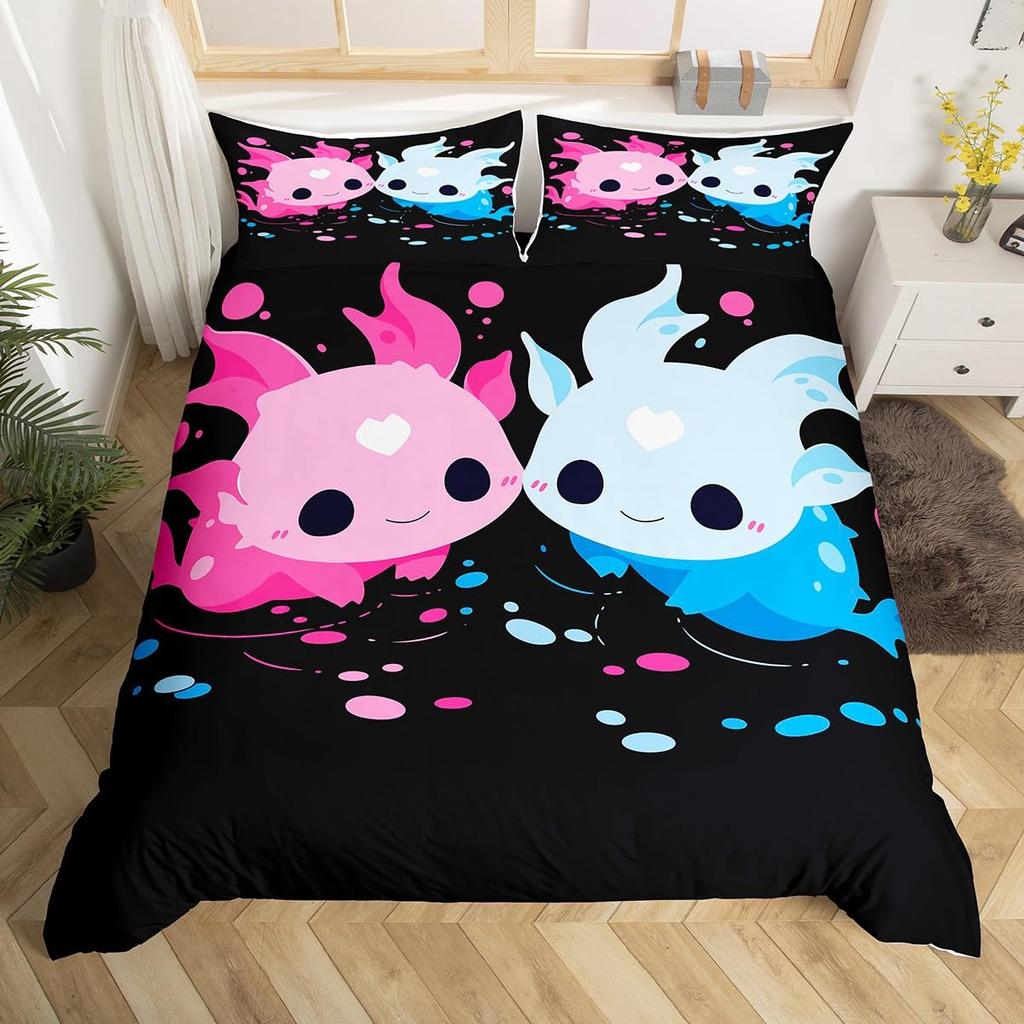 Cartoon Axolotl Bettbezug Queen Size, Sonnenblumen Bettwäscheset Niedliches Tier Botanisch Bettdeckenbezug Aquarell Gelb Steppdeckenbezug