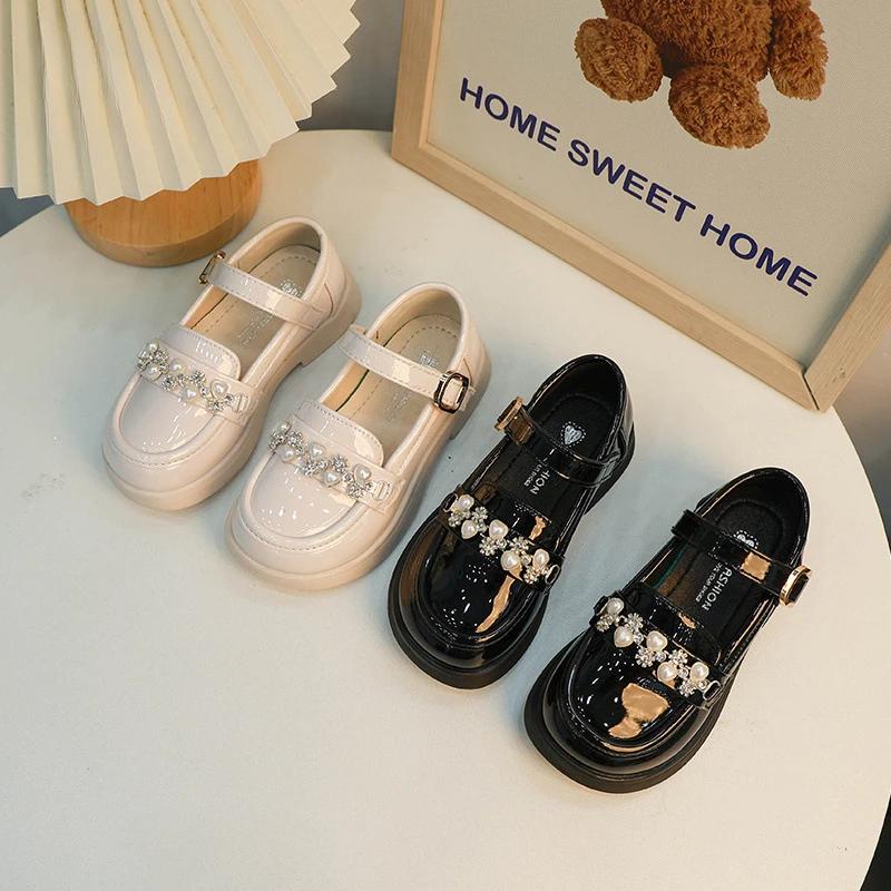 Girls Mary Jane Shoes Glossy PU Children's Leather Shoes Spring Autumn Rhinestone Kids Fashion Princess Party Shoes Lolita Style
