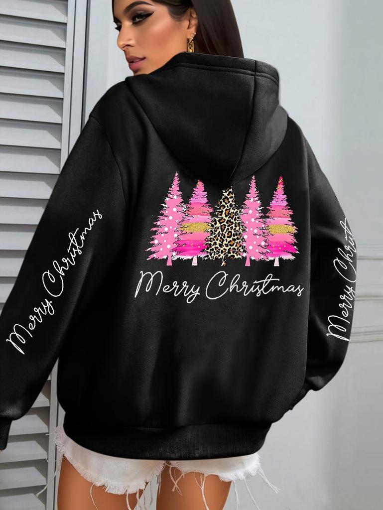Women's Casual Hoodie - Pink Cross Christmas Tree Design for Autumn/Winter