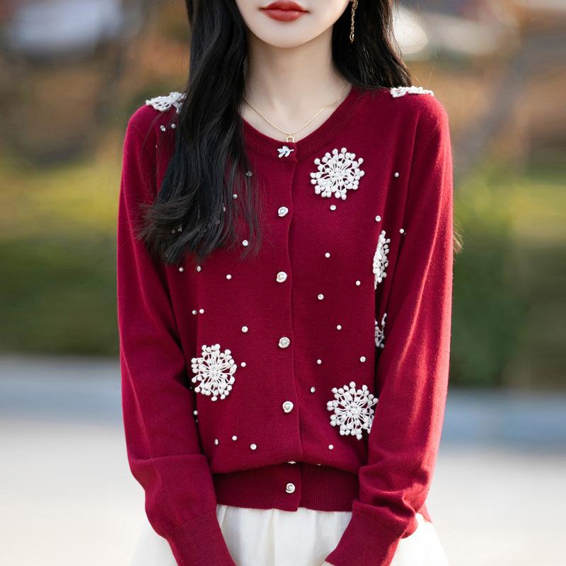 

Вязаный кардиган ручной работы с трехмерным эдельвейсом, уникальный и нежный, с круглым вырезом, для ранней весны XL красный