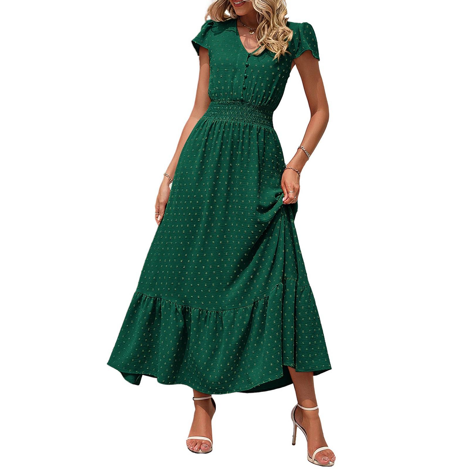 Women s Summer Fashion Loose Button V-Neck Short Sleeve Color Dresses XL
