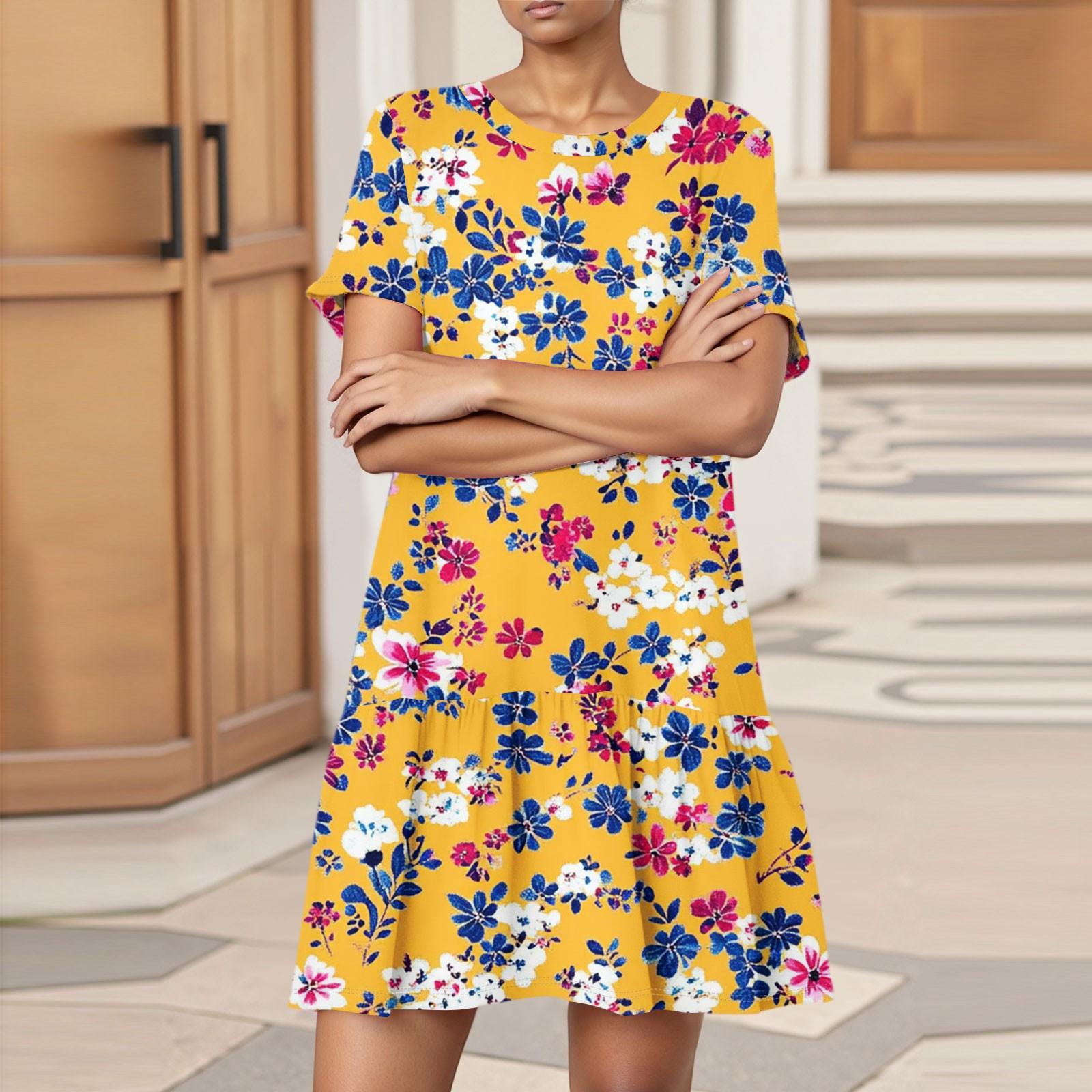 

Женское модное повседневное платье с круглым вырезом и коротким рукавом с цветочным принтом XL жёлтый