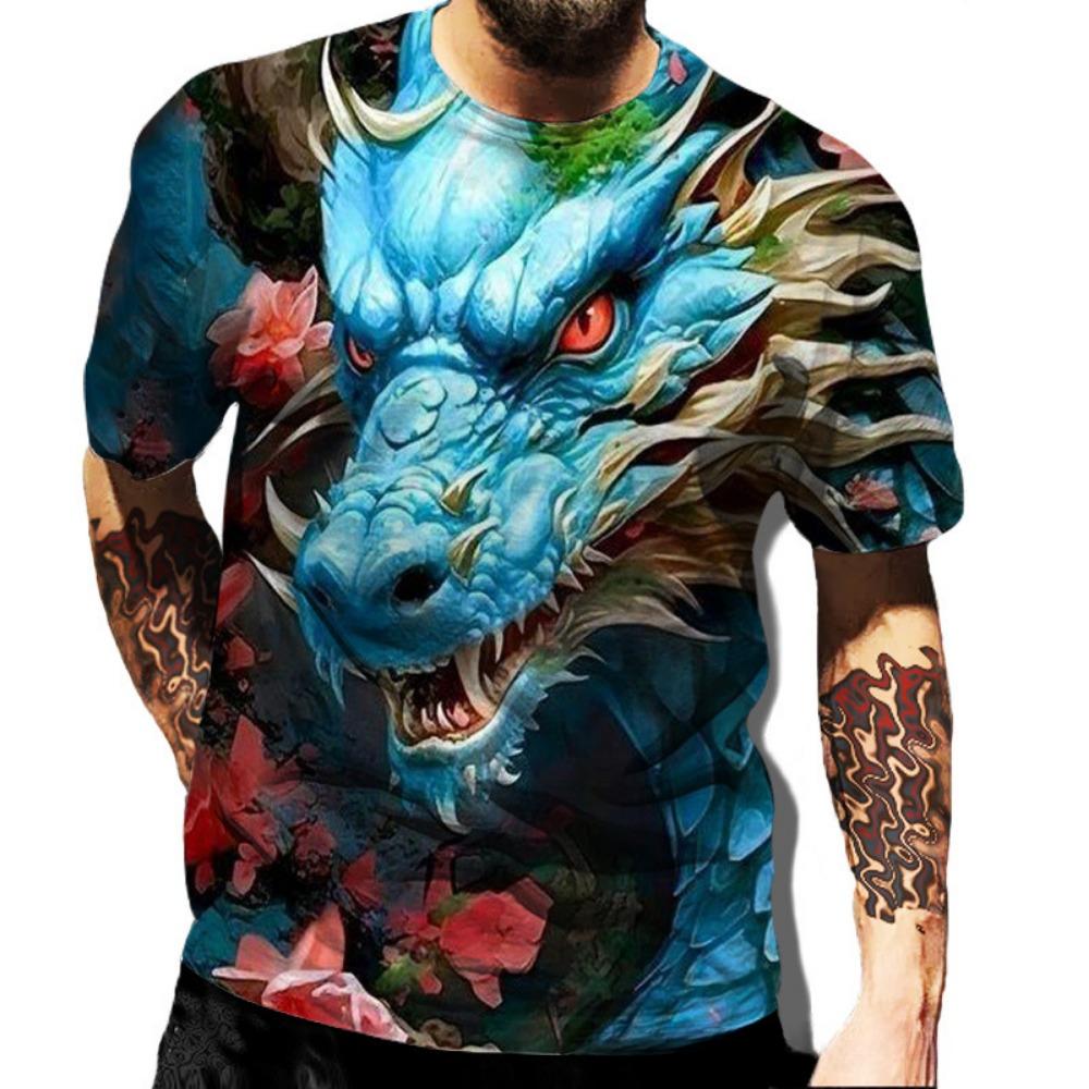 Summer Round Neck 3D Dragon Series Print Top Fashionable Casual Short Sleeved Men's T-shirts