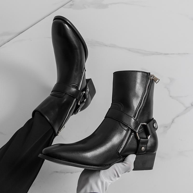 Móda Podzimní Módní Značka Pánské Prodyšné Outdoorové Kovbojské Boty Klasické Černé Pánské Pohodlné Boční Zip Špičaté Vysoké Kožené Boty