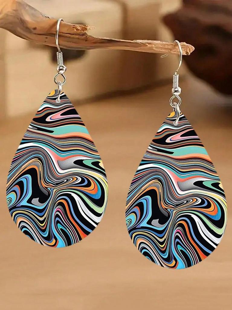1pair Double-sided Printed Wooden Droplet Shaped Ear Drop Earrings, Suitable For Women's Daily Wear