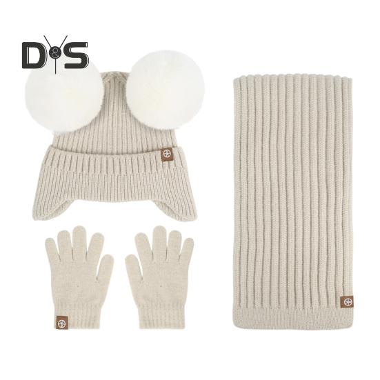 3 Pcs/Set Children Winter Hat Scarf Gloves Set Thick Knitted Ear Protection Cap Gloves Stretchy Windproof Winter Outdoor Cycling Dome Beanie Neck