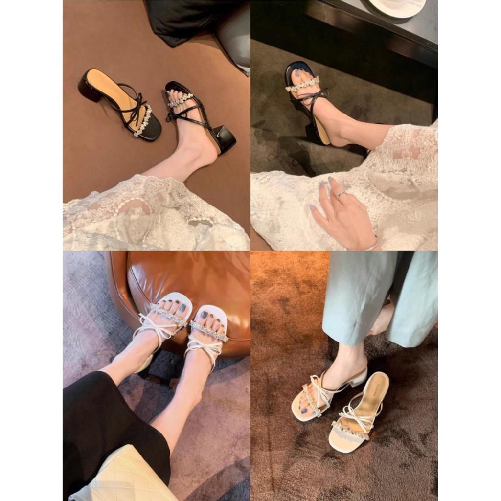 Sheepskin~ version burst beauty sparkling rhinestone slippers women's summer wear bow 5.5cm thick heel cool slippers