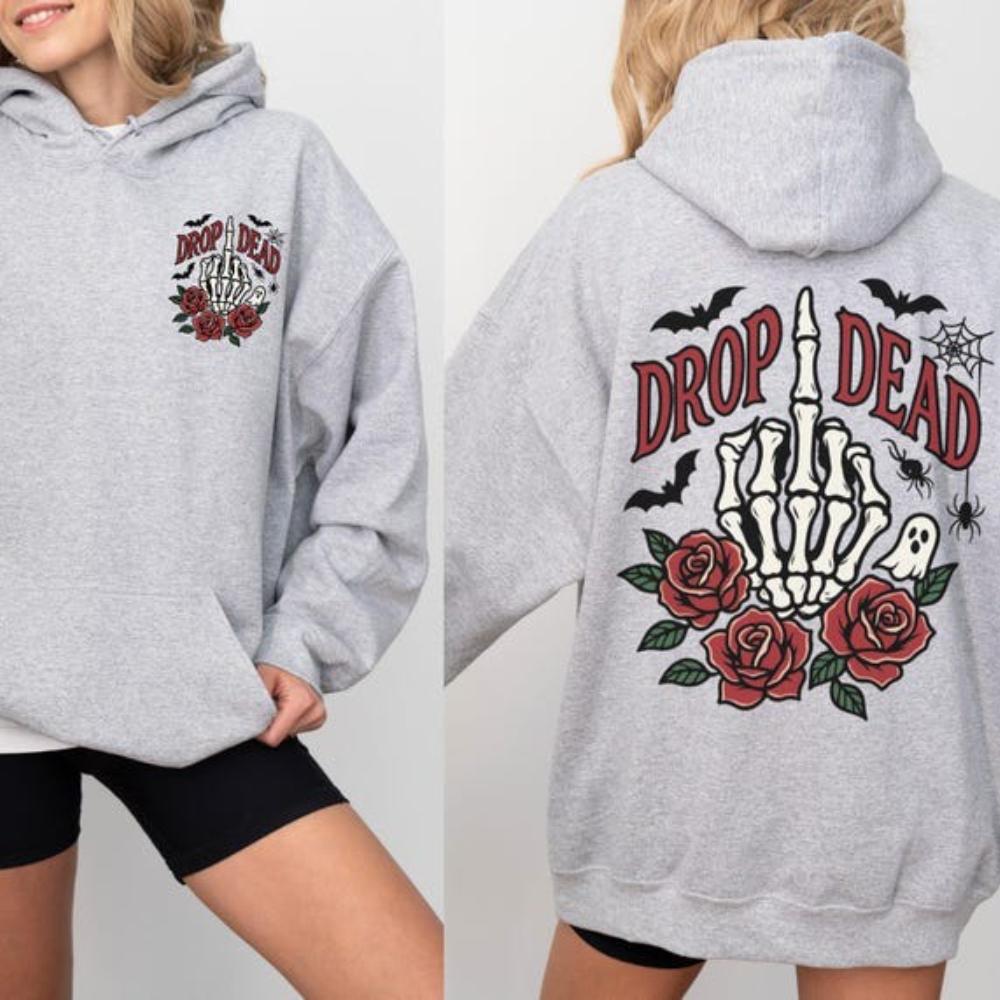 Halloween Skeleton Hoodie Drop Dead Vintage Retro Sweatshirt Spooky Season Pullover Cotton Unisex Funny Costume Party Gift