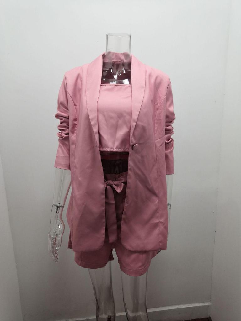 2024 Spring/Summer Women's Solid Color Three-Piece Set: Tank Top, Blazer, High Waist Shorts