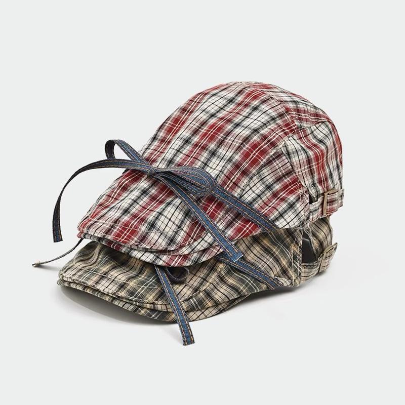 Bow Tie, Plaid, Forward Hat, Female, Sweet, Thin, Reverse Beret, Duckbill Hat