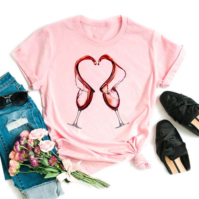 New Women T-Shirt Casual Short Sleeve T Shirt Women's Fashion Rose Red Wine Glass Printed Black T-Shirt Female Tops Tees
