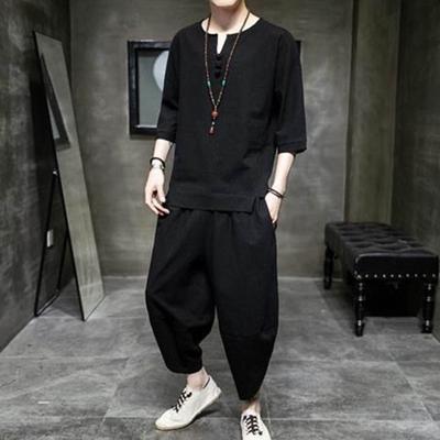 2Pcs/Set Chinese Style Outfit O-Neck Disc Half Placket Tops 45355 Sleeve Buckle Long Bloomers Set Solid Color Men Outfit