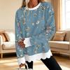 Dame Sweatshirt med Blomstertryk og Rund Hals med Skåret Bølget Kant Langærmet Pullover Top